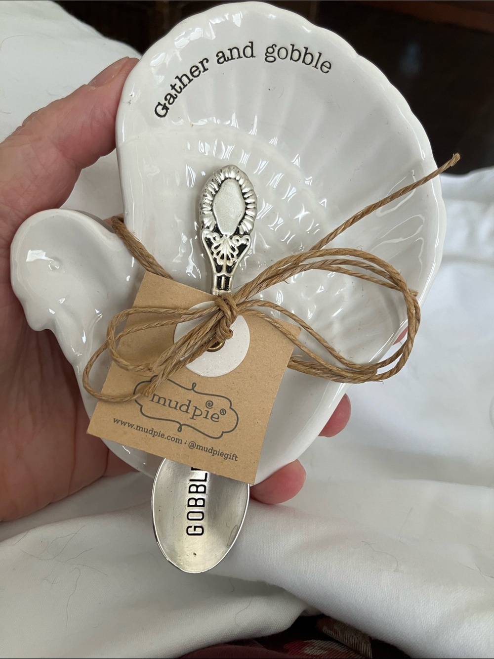 Mud Pie 'Gather and Gobble' White Ceramic Spoon Rest with Gobble Spoon